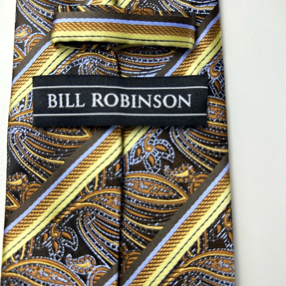 Bill Robinson Mens Paisley Stripe Tie Brown Gold Blue Formal Necktie - Picture 6 of 11